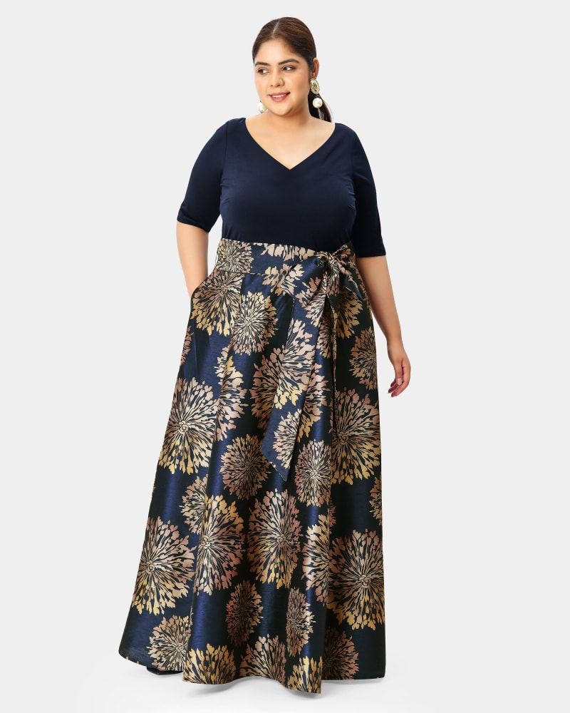 Front of a model wearing a size S-6 Floral print dupioni and jersey knit v-neck maxi dress in Navy by eShakti. | dia_product_style_image_id:290417